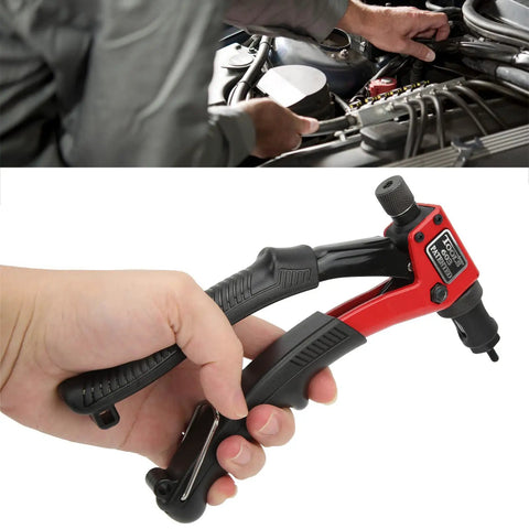 Close-up of All In One Manual Hand Rivet Nut Tool Kit with Interchangeable Mandrels M3 M4 M5 M6 in use on car engine