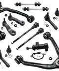 Detroit Axle 13-piece AWD black front-end suspension kit components laid out (upper arms, tie rods, sway bars)