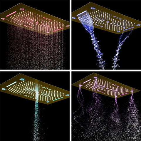 Premium Recessed Led Bluetooth Shower Combo With Heavy Duty Slide Rail 6 Way High Pressure Rainfall Tub Faucet Kit In Brushed Nickel with multi-color spray options.
