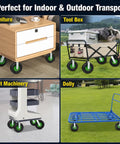 10 Inch Pneumatic Caster Wheel Set of 4 Includes Two Swivel and Two Rigid Plates used on furniture, tool boxes, and carts for smooth transport.