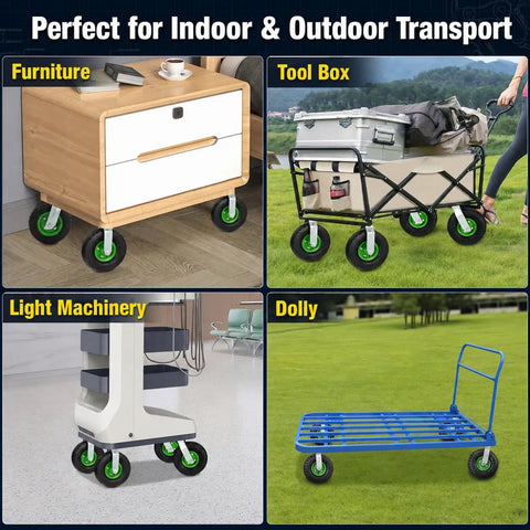 10 Inch Pneumatic Caster Wheel Set of 4 Includes Two Swivel and Two Rigid Plates used on furniture, tool boxes, and carts for smooth transport.