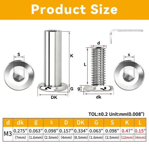 Premium Furniture Fastener Kit Contains 10 Pieces Of 12 Millimeter Flat Head Hex Cap Bolts Paired With Steel Barrel Nuts And Included Allen Wrench dimensions and specifications image.