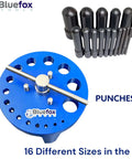 Table Mount Gasket Punch Set 6 To 38mm 16 In 1 Hollow Punch Kit with blue table stand and black punches for leather and sheets.