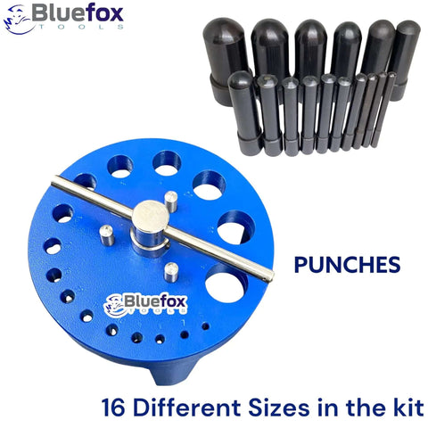 Table Mount Gasket Punch Set 6 To 38mm 16 In 1 Hollow Punch Kit with blue table stand and black punches for leather and sheets.