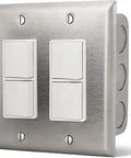 Dual Duplex Stack Switch Wall Plate For Indoor Use In Wall Control Compatible With Dual Element Heaters CD Series And WD Series 120 277 VAC 20 Amps Per Switch Made In The USA With Three Year Warranty, close-up view