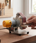 Luocute 9000Rpm Mini Belt Sander With 7 Adjustable Speeds transforms into compact bench grinder for shaping wood pieces.