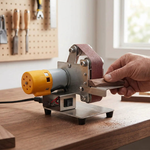 Luocute 9000Rpm Mini Belt Sander With 7 Adjustable Speeds transforms into compact bench grinder for shaping wood pieces.