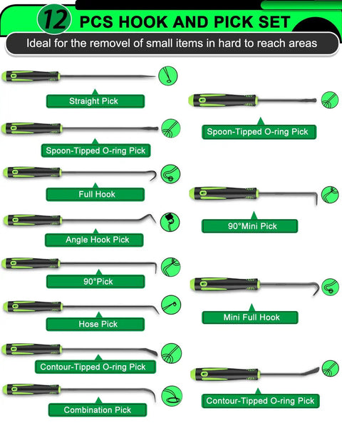 12 Piece Mechanic Pick Set With Long And Mini Picks Pro Grade Alloy Steel Non Slip Grip Rust Resistant Hook Tools For Precision Work And Quick Auto And Electronics Repairs, 12 pcs hook and pick set with labeled tips