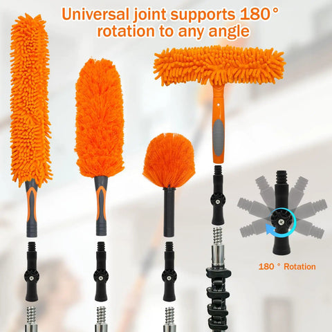 All In One High Ceiling Duster Replacement Heads Kit Fits Standard Threaded Poles With Swivel Joint For Easy Dusting Cobweb Cleaner Ceiling Fan Dust Brush Window Squeegee Microfiber Feather Duster Head No Fuss Quick Change Design orange microfiber and cobweb heads with 180° swivel joint