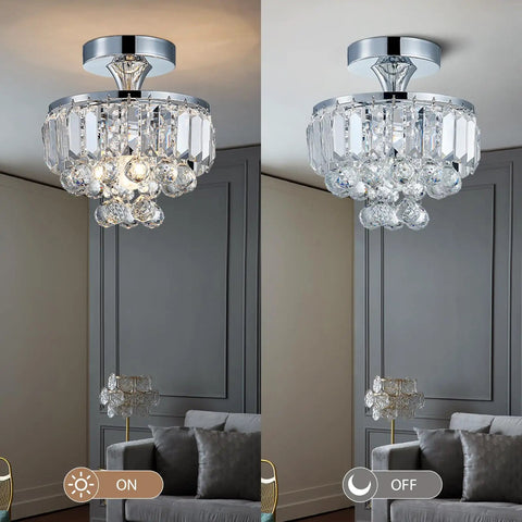 Modern Chrome Crystal Semi-Flush Mount LED Chandelier Ceiling Light For Dining Room Living Room Bedroom And Bathroom 9 Inch Diameter 10 Inch Height Crystal Tube Design Tarnish-Resistant And Durable