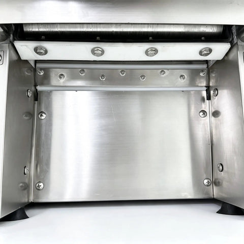 Heavy Duty Commercial Electric Dough Roller And Sheet Machine Features 2200W Motor For Uniform Pizza Base Baking Sprocket Drive Pressing System, stainless steel interior.