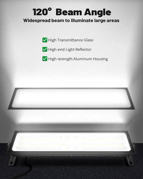 Four Pack Linkable LED Shop Lights With Built In Outlet 100W 15000LM Aluminum Garage Lighting 120° beam angle demonstration