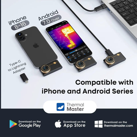 Dope Thermal Imaging Camera for iOS and Android with 8mm Macro Lens Manual Focus shown with iPhone and Android compatibility
