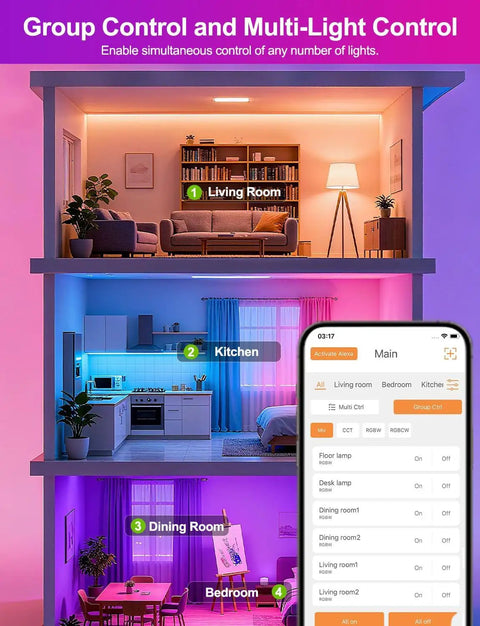 Cutaway view showing Alexa Ready Smart Bulb 10W 900 Lumens 2700K Warm White 2 Pack controlling lights in a multi-room setup.