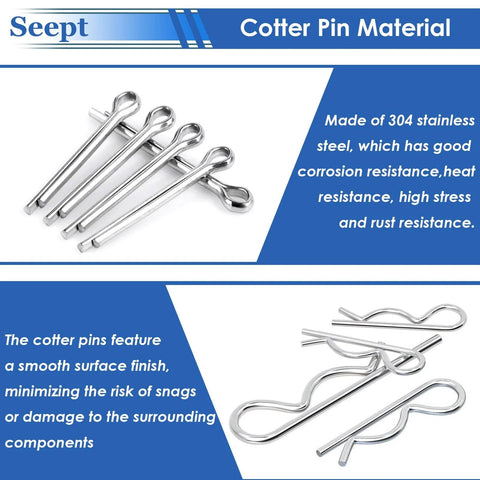 Close-up of 132Pcs Clevis Pin Assortment Kit with 304 stainless steel cotter pins showing material and smooth finish features.