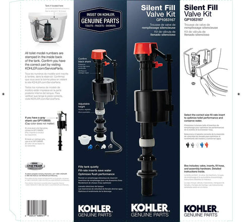 Silent Fill Valve Kit GP1083167 For Class Five Toilets packaging front view with installation and usage details visible