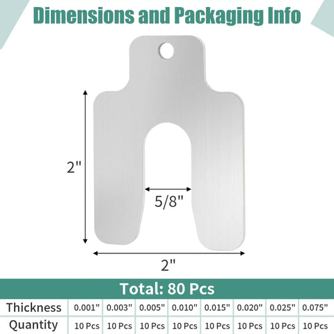 Top Tier 80 Piece 2X2 Inch 304 Stainless Steel Slotted Shims Kit Size A with dimensions 2x2 inches and 5/8 inch cutout.