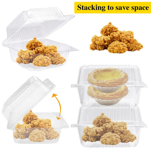 100 Pack Clear Hinged Plastic Food Containers With Lids For Cake Slices Cookies Pasta Sandwiches And Salads, Value Pack Grab And Go Disposable Clamshell Takeout Boxes For Bakery Use And Home Meal Prep with food inside