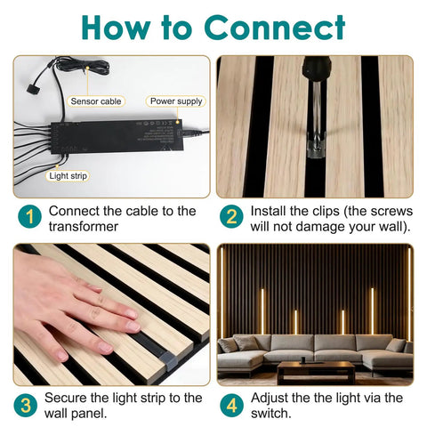 How to connect 8 Pcs LED Recessed Light Kit Touch Control Dimmable 3000K Warm COB Strip Lighting on a wood slat wall.