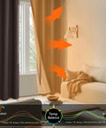 70 Inch Wide By 84 Inch Long Blackout Curtain Panels With Tiebacks, 100 Percent Darkening And Thermal Insulation, Full Light Blocking For Large Windows, Brown, Set Of 2 With Rust Proof Grommets shown installed in a living room.