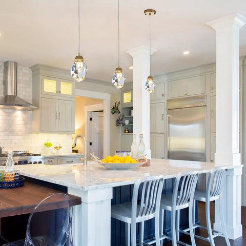 1 Light Diamond Crystal Pendant Light Dope Glow Mini Ceiling Hanging Fixture In Gold Brushed Brass Finish over kitchen island