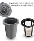 Gray reusable filter cup for Cuisinart HomeBarista, 2 pack, easy clean, holds 15 grams, shown with lid open and mesh filter