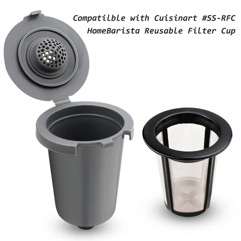 Gray reusable filter cup for Cuisinart HomeBarista, 2 pack, easy clean, holds 15 grams, shown with lid open and mesh filter