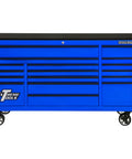 Kickass 72 Inch Triple Bank Rolling Tool Cabinet With 17 Heavy Duty Ball Bearing Drawers Quick Release Handles High Gloss Powder Coat Finish Garage Shop Storage in blue, featuring multiple drawers and smooth caster wheels.