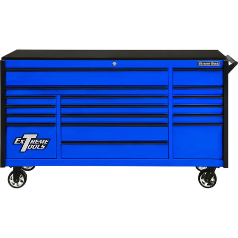 Kickass 72 Inch Triple Bank Rolling Tool Cabinet With 17 Heavy Duty Ball Bearing Drawers Quick Release Handles High Gloss Powder Coat Finish Garage Shop Storage in blue, featuring multiple drawers and smooth caster wheels.