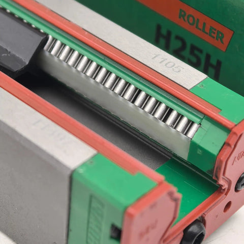 RGH25HA Linear Guide Block And Rail Set For CNC Machines And 3D Printers Pro Grade Smooth Motion And Rock Solid Rigidity With Optimized Circulation Path For Precise Linear Motion Control. close-up roller guide block and rail set, RGH25HA 25mm steel for CNC and 3D printers