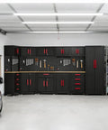 Game Changing Garage Cabinet Organization 17 Piece Workshop Storage Setup Corner Unit with black and red cabinets and tools.