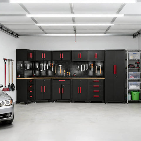 Game Changing Garage Cabinet Organization 17 Piece Workshop Storage Setup Corner Unit with black and red cabinets and tools.