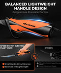 Speed Demon 110V Electric Fillet Knife with balanced lightweight handle for precise cutting, comparison chart shown.