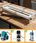 Beefy Adjustable Slab Flattening Jig For Router Sled 48 Inch HDPE Benchtop Mill Slab Jig with Three Height Settings on a workbench.