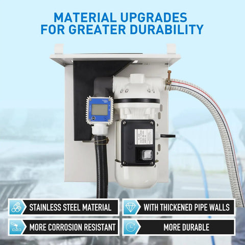 Heavy Duty Diesel Exhaust Fluid Pump Kit 110V All In One Dispensing System with stainless steel, flow meter, and hose shown in wall mount setup