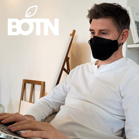 Person wearing Large Black KF94 Face Mask For Adults, 4 Layer Protection With 3D Design, Adjustable Earloops For All Day Comfort
