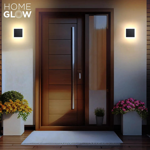 Edge LED Wall Light Indoor Outdoor Black Modern Sconce, Waterproof IP65, Warm White 3000K, beside wooden front door