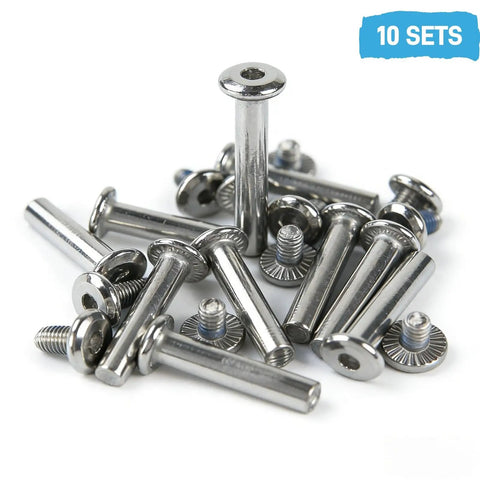 Silver tone 6mm inline skate axle screws set with 15/64 inch shaft, 35mm working length, hex socket bolts for roller blade wheels.