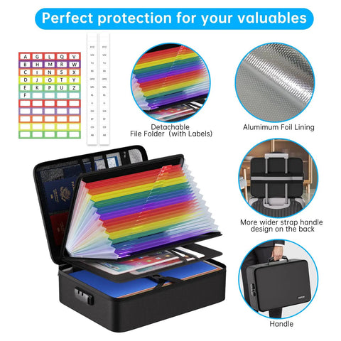Fireproof Document Box With Lock And 25 Colorful Pocket Folders, Water Resistant Safe Organizer For Important Papers, open with labels