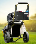 Durable Neoprene Golf Cart Organizer Bag with Front Pocket attached to a push cart, holding scorecards and pencils.