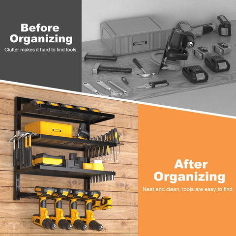 Heavy Duty Power Tool Organizer Wall Mount With Four Layer Storage Rack And Drill Holders Cordless Tool Shelf in garage
