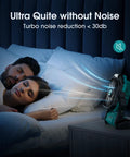 Rechargeable Portable Fan With 20000mAh Battery on nightstand providing quiet airflow to sleeping couple in bedroom