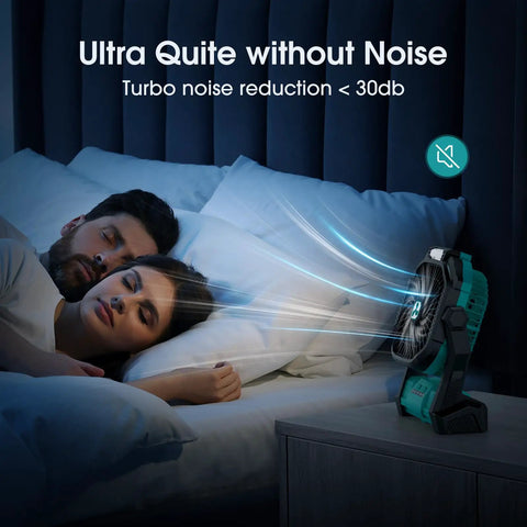 Rechargeable Portable Fan With 20000mAh Battery on nightstand providing quiet airflow to sleeping couple in bedroom