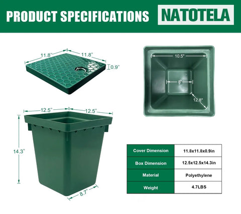 Underground Splice Box With Solid Inspection Cover And Deep Plastic Enclosure For Cable Duct Access Electrical Junctions Drillable Tapered Wiring Box For Fast Pit Access And Quick Install, showing dimensions and material.