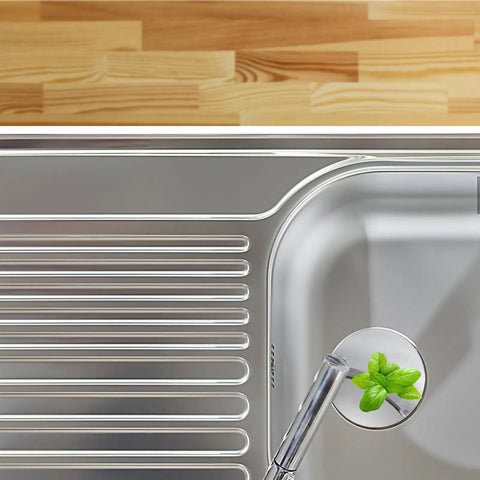 Full Copper Bathtub Plug Replacement Waste Plug with Flat Seal in a modern kitchen sink with a wooden backdrop.