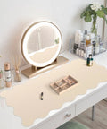 Extra Large PU Leather Desk Pad With Scalloped Edges, Waterproof Non Slip Desk Protector Mat For Office And Home in beige on vanity desk