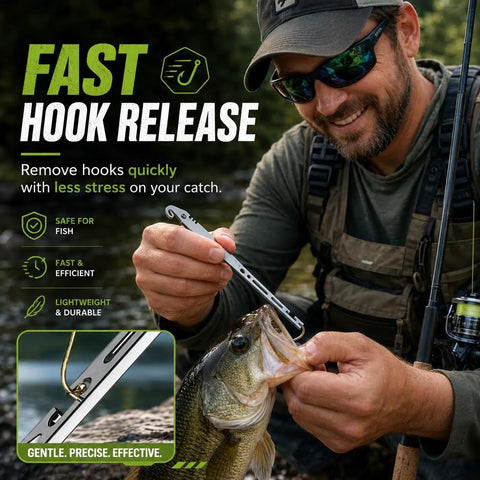 6-In-1 Stainless Steel Fishing Tool Hook Remover With Quick Hook Extraction, Knot Tying, Lead Rolling And Line Handling, Pro-Grade All-In-One Gear For Safe Hands-Free Catch And Release: man removing hook from fish