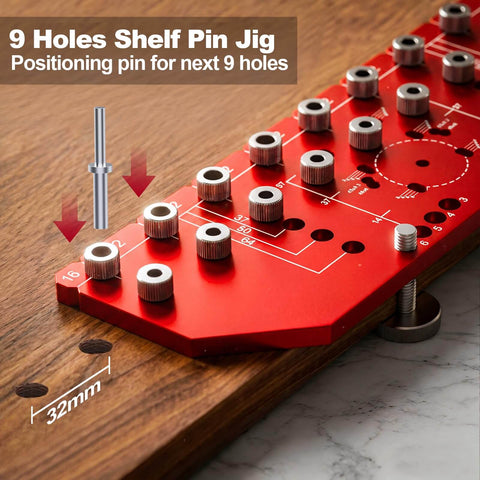 Two In One Shelf Pin And Hinge Drill Jig For One Quarter Inch And Five Millimeter Peg Slots on wooden surface, showing pin alignment.