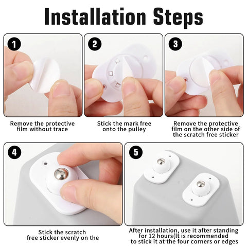 Installation steps for 24 Pcs Self Adhesive Caster Wheels Set 360 Degree Swivel Mini Appliance Wheels with hands applying stickers.