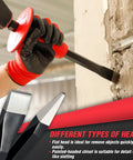 Three Piece Masonry Chisel Set With Hand Protection, Heavy Duty Chrome Vanadium Steel Construction, shown in use on concrete wall